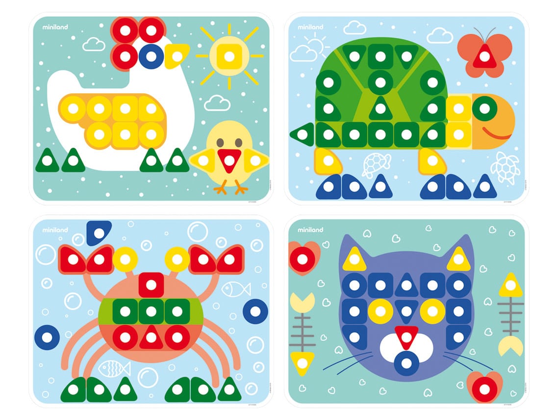 Miniland - MOZAIEK Superpegs 38x30cm, 64 supernagels + bord + 4 werkkaarten, in doos. Made in Spain, 2+