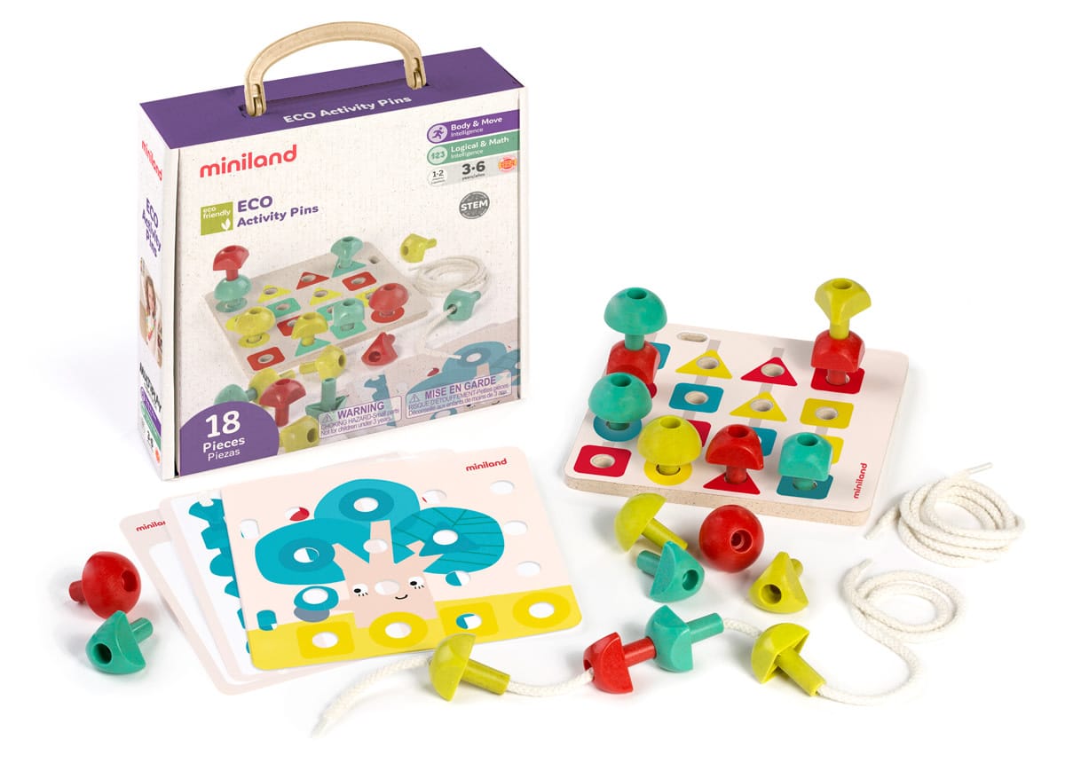 Miniland - NAGELSPEL, 18 nagels, bord 19x19cm, 3 katoenen koordjes en 8 voorbeelden, 3+