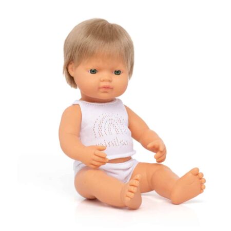Miniland - POP DONKERBLONDE EUROPESE JONGEN 38cm, met vanillegeur, waterdicht, anatomisch correct, in vinyl, in geschenkdoos. Made in Spain, 10m+