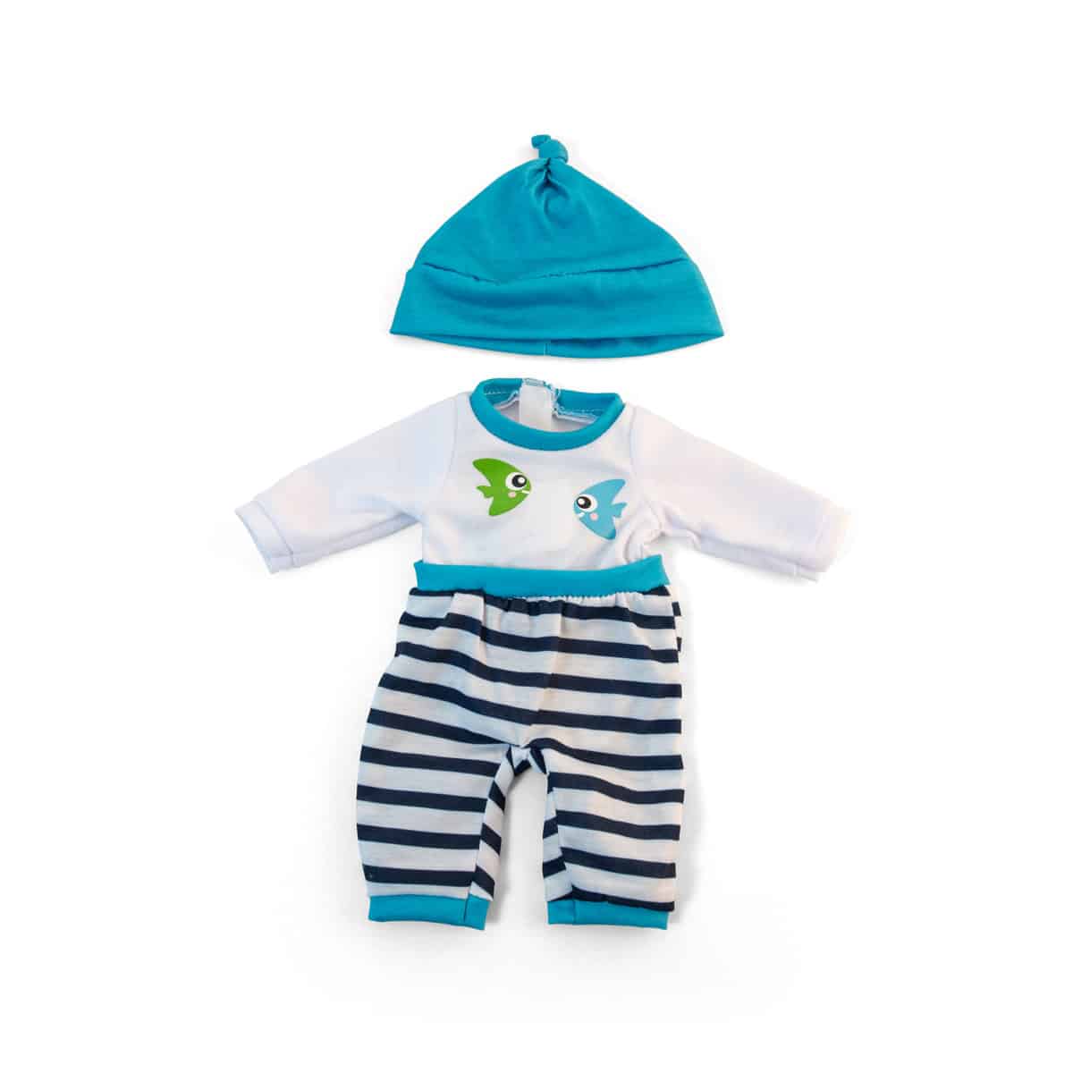 Miniland - PYJAMA voor pop turkoois voor jongen 32cm, 2-delig, in plastic zakje met kleerhanger, 3+