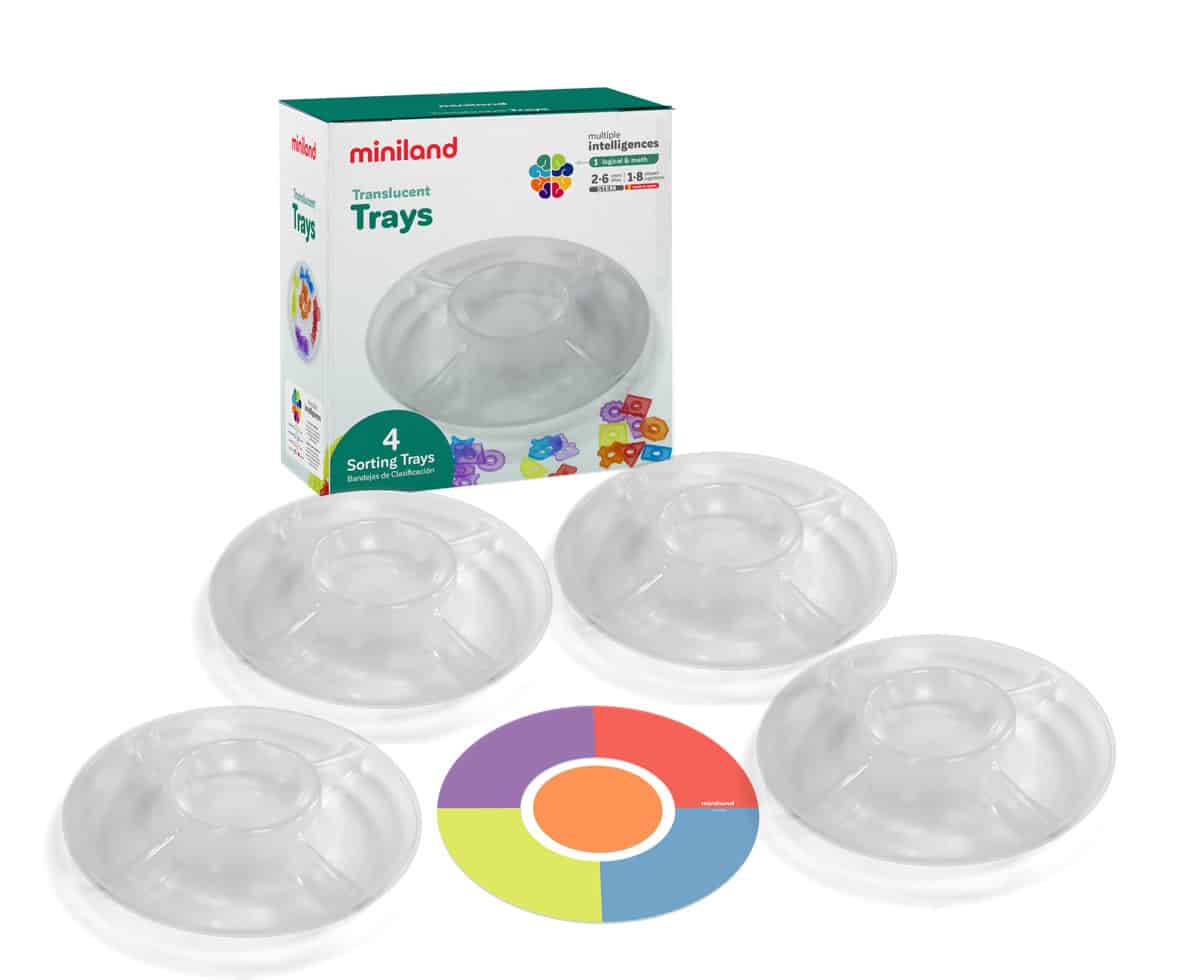Miniland - SORTEERSCHALEN diam.26cm, doorzichtig, geschikt voor lightpad, 4 schalen en 1 speelkaart, 2+