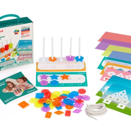 Miniland - SORTEREN en TELLEN 21cm, doorzichtig, geschikt voor lightpad, 50 vormen, 1 telraam, 2 koordjes en 14 transparante speelkaarten, 3+