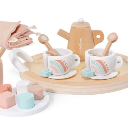 Miniland - THEE SET voor POPPEN, in hout, 18-delig, dienblad 28cm, met draagtasje, 3+