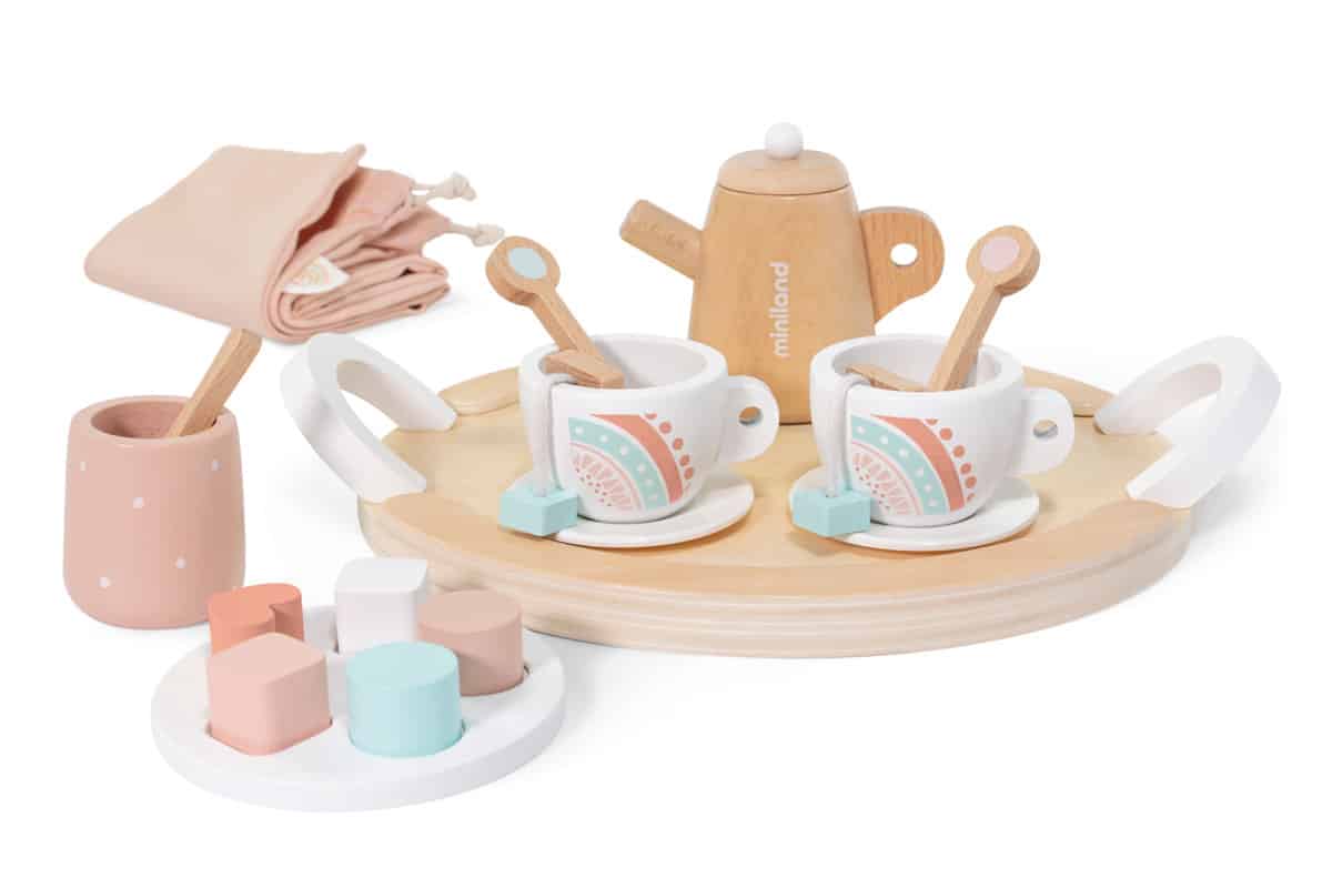 Miniland - THEE SET voor POPPEN, in hout, 18-delig, dienblad 28cm, met draagtasje, 3+