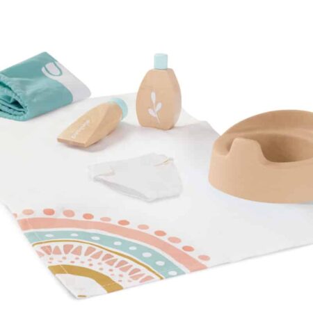 Miniland - VERZORGINGSETJE voor POPPEN, in hout, 5-delig, doek 25cm, met draagtasje, 3+