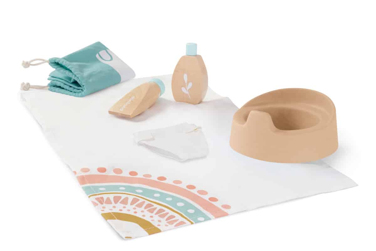 Miniland - VERZORGINGSETJE voor POPPEN, in hout, 5-delig, doek 25cm, met draagtasje, 3+