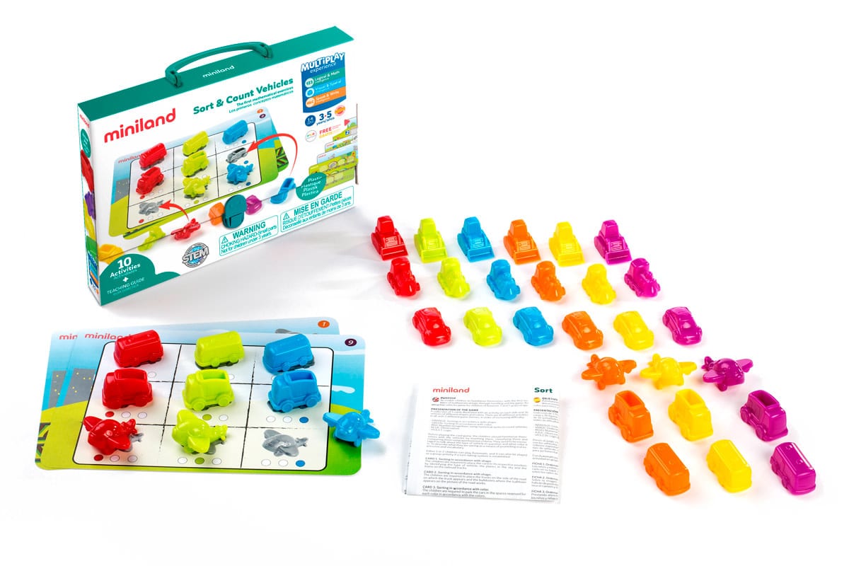 Miniland - VOERTUIGEN SORTEREN & TELLEN, 36 autootjes en 10 plastic speelkaarten