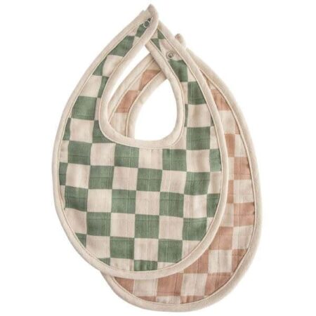 Mushie - Muslin Bib 2-Pack - Olive Check/Natural Check
