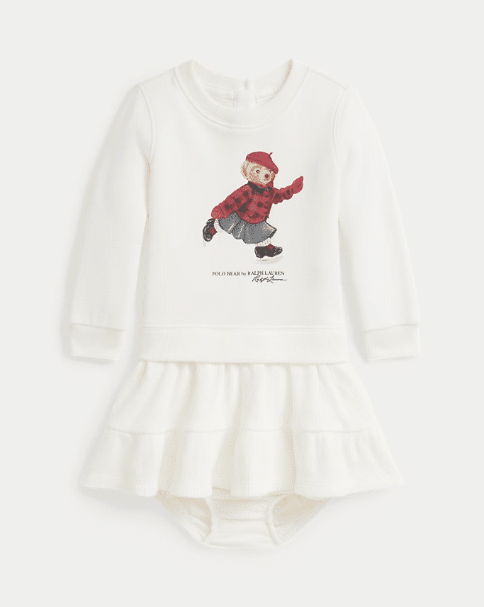 Ralph Lauren - Fleece jurk en bloomer met Polo Bear - Trophy cream