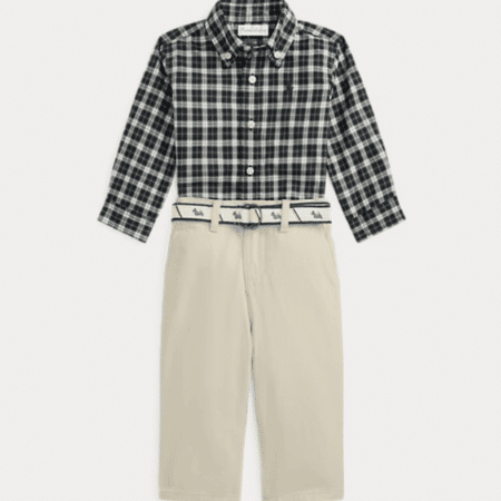 Ralph Lauren - Geruit overhemd, riem en canvas broek - Antique cream/Navy/Gr