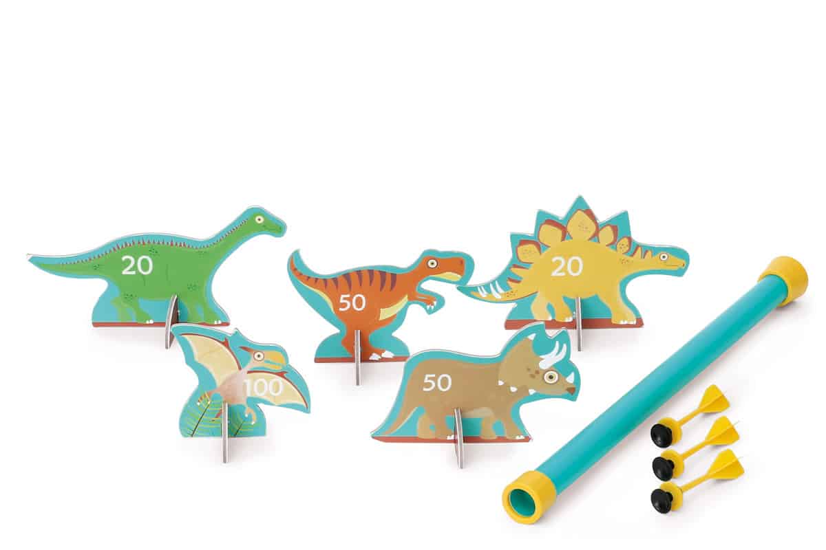 Scratch - Active Play: BLAASPIJP Dino diam.3,5x42cm, met 5 dinos en 3 pijltjes diam.2x8,2cm, in doos 13x4,5x43cm, 5+