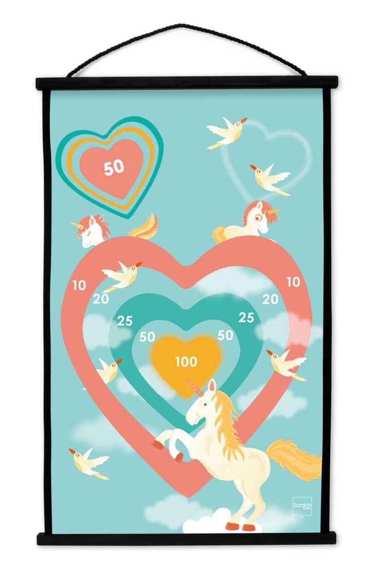 Scratch - Active Play: START TO DART Eenhoorn 38x60cm, 2-zijdig bedrukt, met 6 darts met zuignappen, in doos, 5+