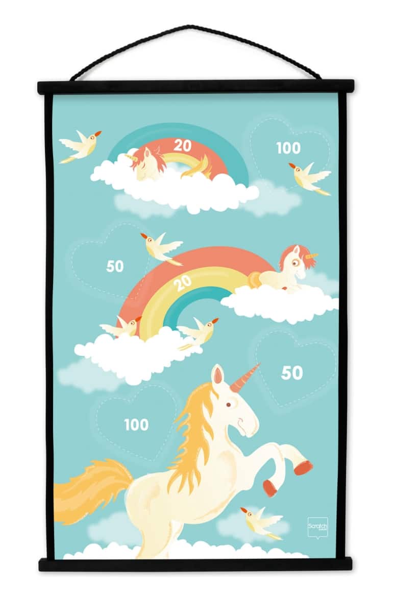 Scratch - Active Play: START TO DART Eenhoorn 38x60cm, 2-zijdig bedrukt, met 6 darts met zuignappen, in doos, 5+