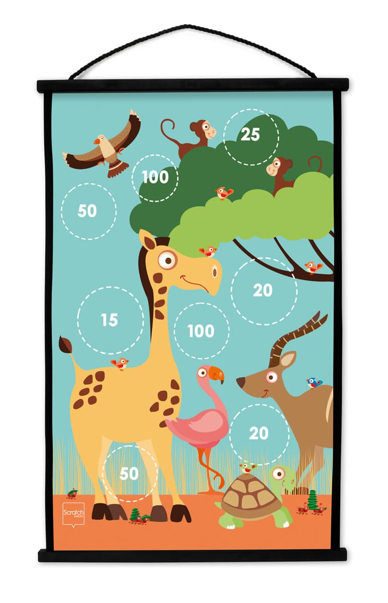 Scratch - Active Play: START TO DART Safari 38x60cm, 2-zijdig bedrukt, met 6 darts met zuignappen, in doos, 5+