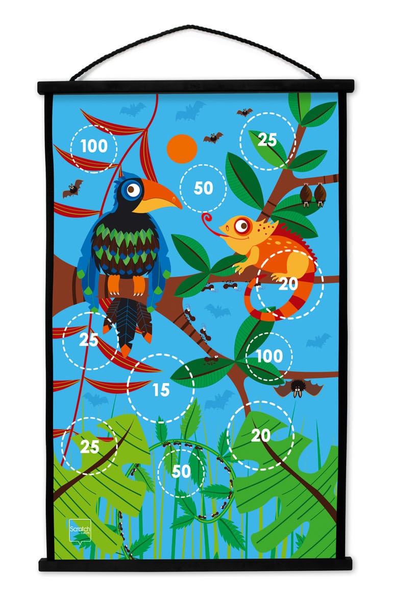 Scratch - Active Play: START TO DART Toekan Jungle 38x60cm, 2-zijdig bedrukt, met 6 darts met zuignappen, in doos, 3+