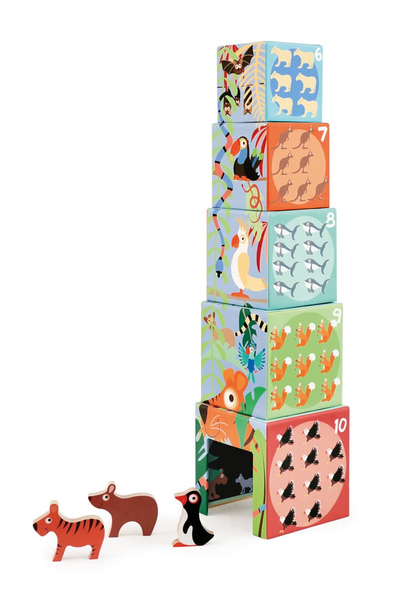 Scratch - Build&Play: STAPELTOREN Dieren van de Wereld 5 stuks 13.5x13.5xH58cm, met DIEREN, in karton en in hout, in doos 15x15x20cm, 12m+