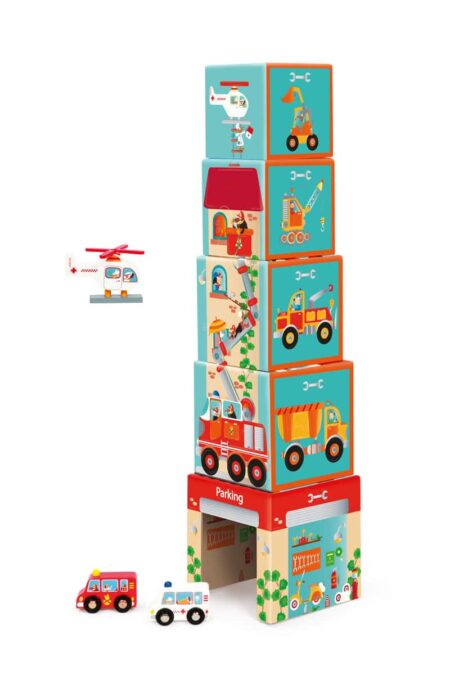 Scratch - Build&Play: STAPELTOREN On The Road 5 stuks 13.5x13.5xH58cm, met AUTO'S en HELIKOPTER, in karton en in hout, in doos 15x15x20cm, 12m+