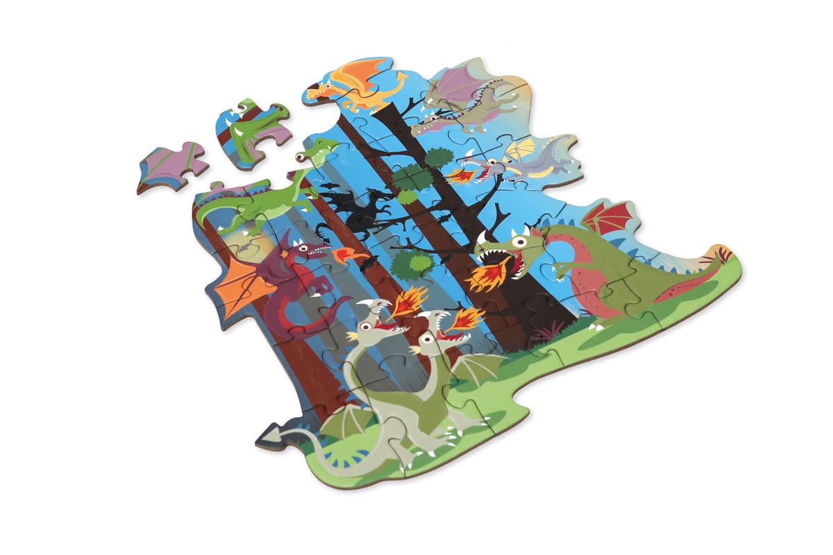 Scratch - Compact Puzzel 29pcs: CONTOUR PUZZEL/DRAKEN 25,5x26cm, in ronde doos 16x16x4cm, 3+