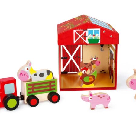 Scratch - Mix+Play: SPEELDOOS BOERDERIJ 2-in-1 15.5x15.5x17cm, bevat een tractor met aanhangwagen en 4 boerderijdieren, in karton en hout, in opbergdoos, 2+