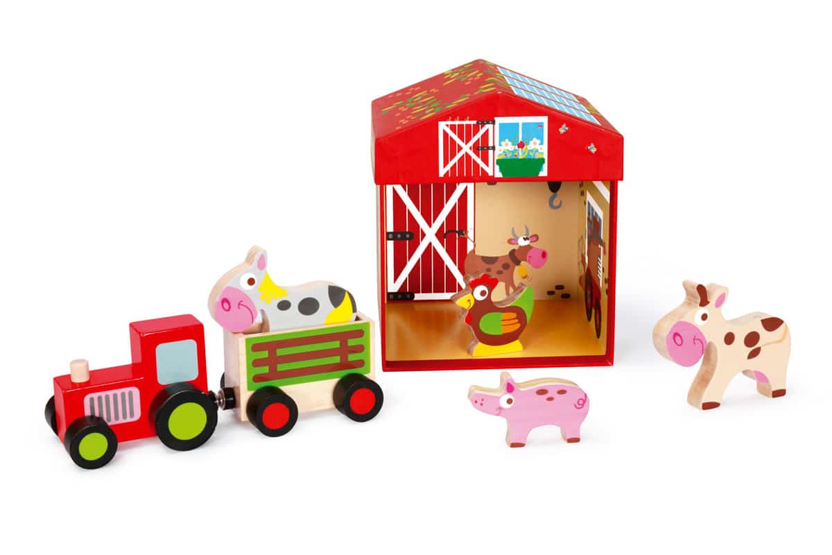 Scratch - Mix+Play: SPEELDOOS BOERDERIJ 2-in-1 15.5x15.5x17cm, bevat een tractor met aanhangwagen en 4 boerderijdieren, in karton en hout, in opbergdoos, 2+