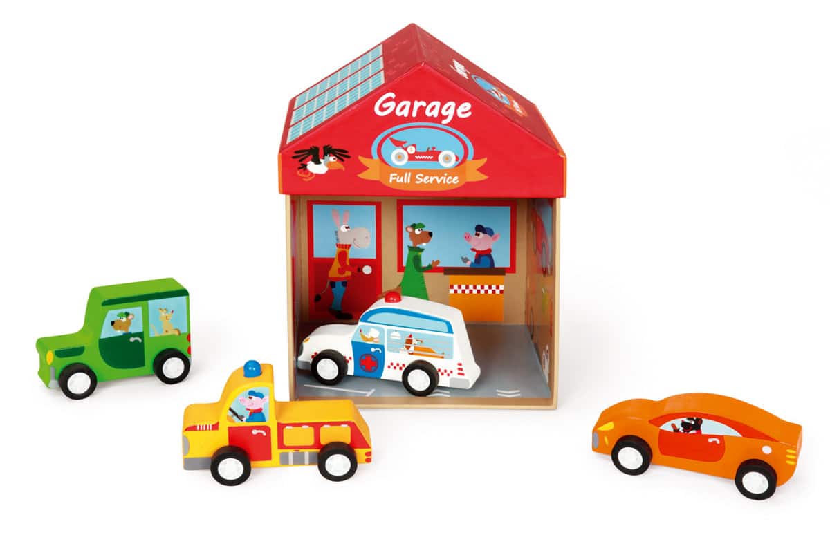 Scratch - Mix+Play: SPEELDOOS GARAGE 2-in-1 15.5x15.5x17cm, bevat 4 auto's in hout, in karton en hout, in opbergdoos, 2+