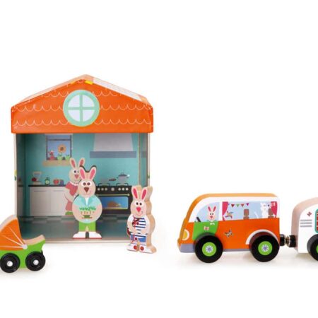 Scratch - Mix+Play: SPEELDOOS HUIS 2-in-1 15.5x15.5x17cm, bevat een auto met caravan, een kinderwagen en een konijnenfamilie (3 stuks), in karton en hout, in opbergdoos, 2+