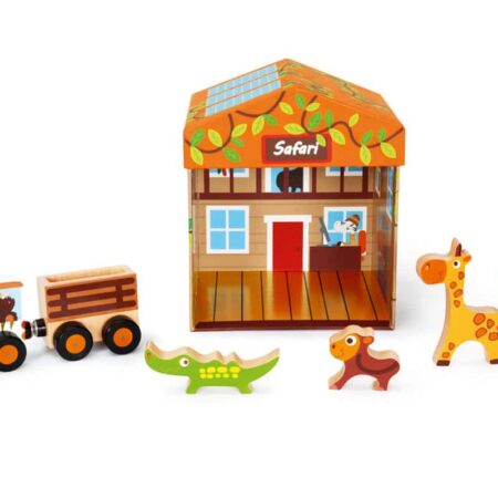 Scratch - Mix+Play: SPEELDOOS SAFARI 2-in-1 15.5x15.5x17cm, bevat een safari jeep met aanhangwagen en 4 wilde dieren, in karton en hout, in opbergdoos, 2+