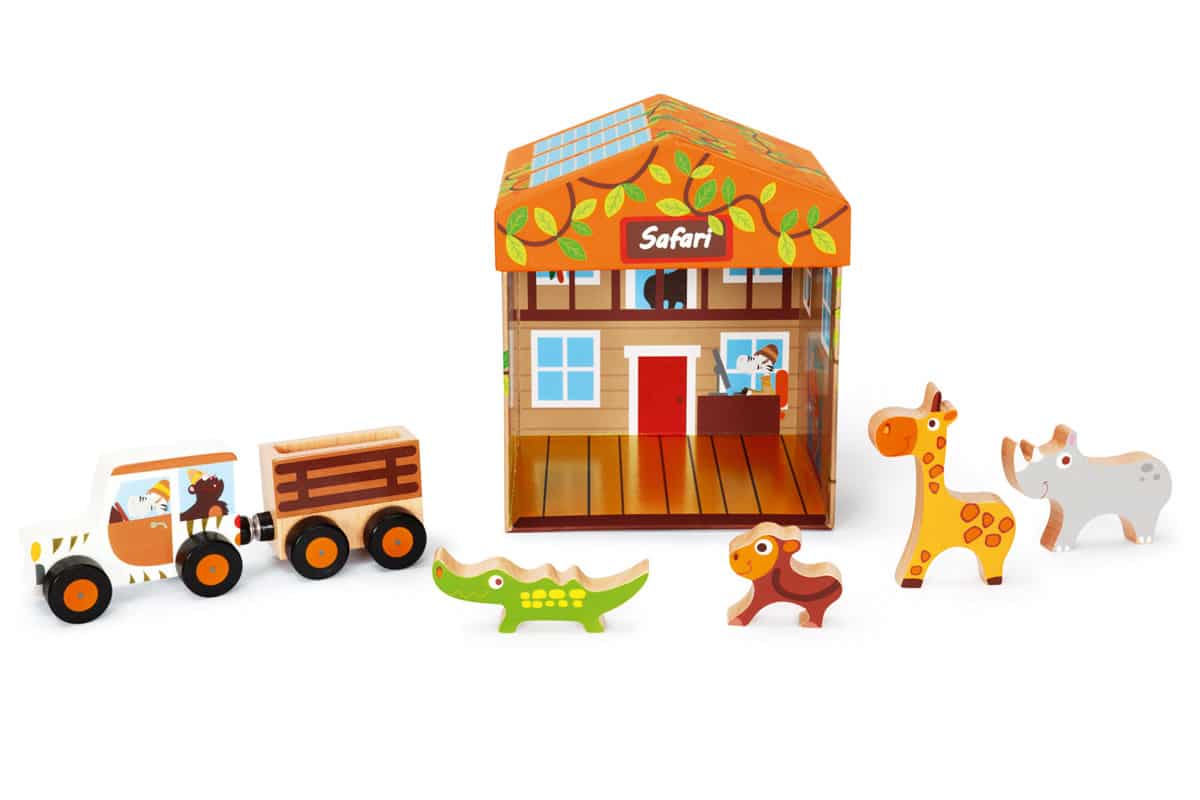 Scratch - Mix+Play: SPEELDOOS SAFARI 2-in-1 15.5x15.5x17cm, bevat een safari jeep met aanhangwagen en 4 wilde dieren, in karton en hout, in opbergdoos, 2+