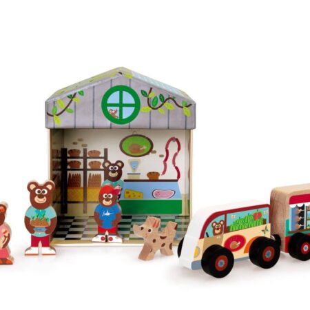 Scratch - Mix+Play: SPEELDOOS WINKEL 2-in-1 15.5x15.5x17cm, bevat een auto met aanhangwagen, een hond en een berenfamilie (3 stuks), in karton en hout, in opbergdoos, 2+