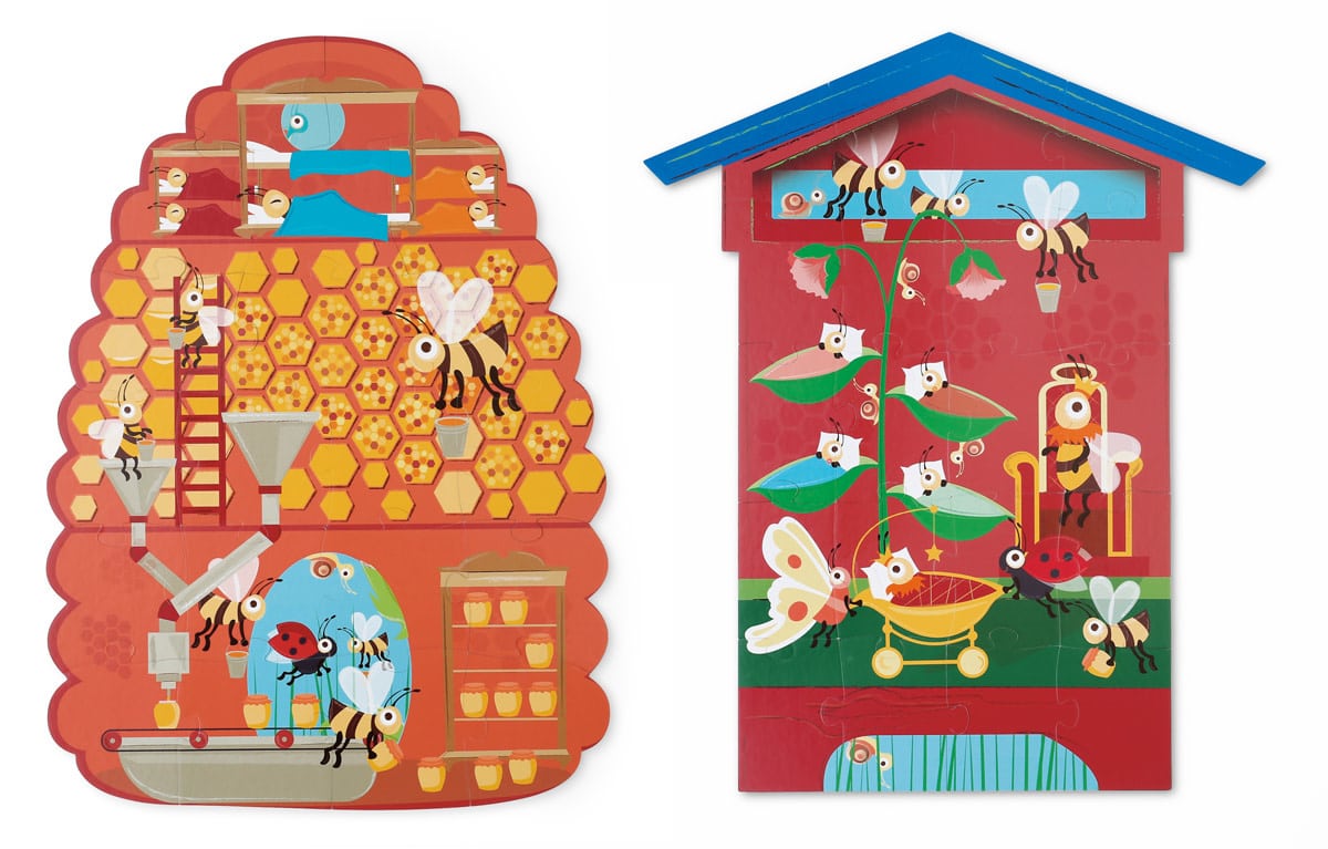 Scratch - Puzzel 2-zijdig 2x20pcs: BEE In&Out (31x42cm & 35.5x43cm), in vormendoos 19,5x26x6,5cm, 3+