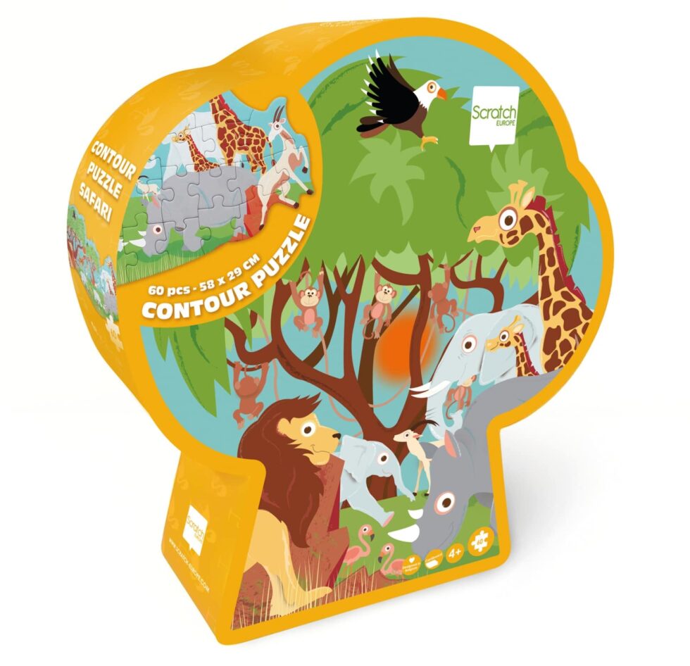 Scratch - Puzzel 60pcs: CONTOUR PUZZEL/SAFARI 58,15x28,95cm, in vormendoos 25,30x27,50x6,5cm, 4+