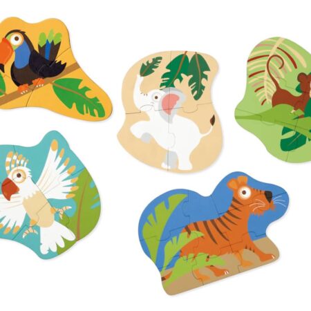 Scratch - Puzzel: BEGINNERSPUZZELS - JUNGLE ca. 15-27cm, met 5 puzzels 3-4-5-6-8 stuks, in karton, in doos diam.18xH12cm, 2+