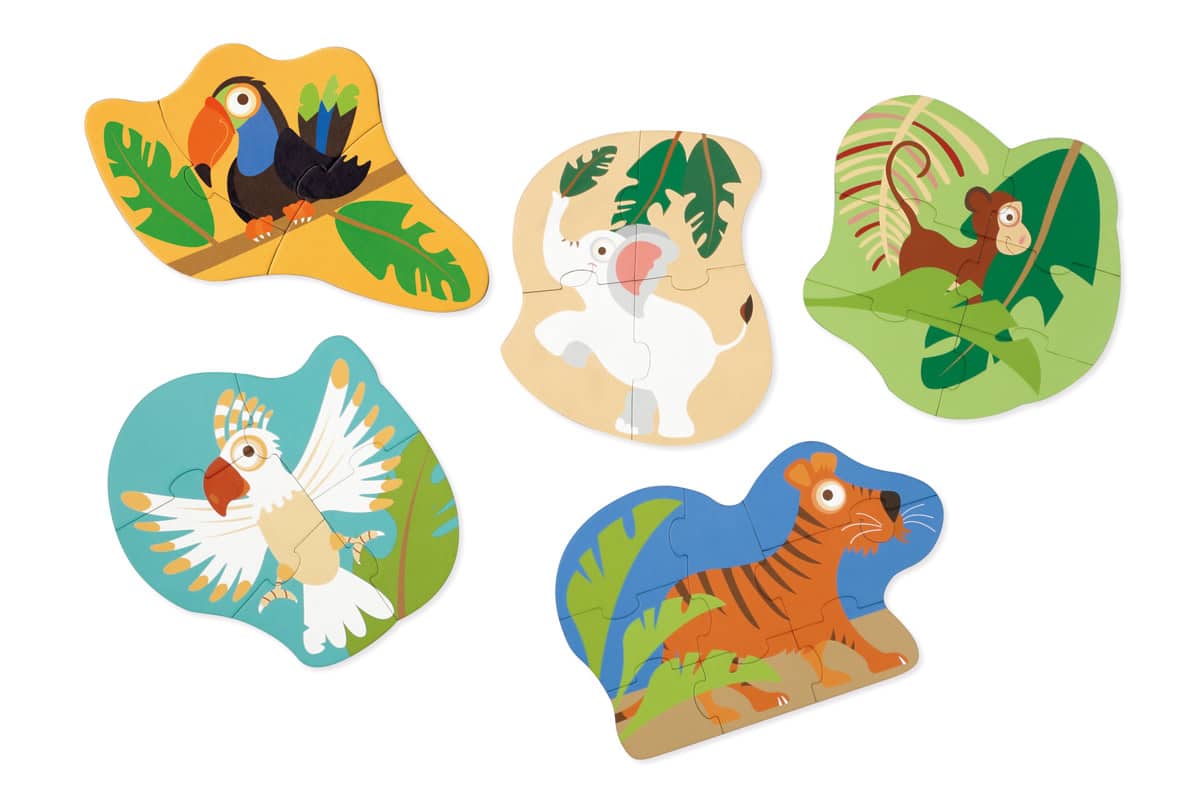 Scratch - Puzzel: BEGINNERSPUZZELS - JUNGLE ca. 15-27cm, met 5 puzzels 3-4-5-6-8 stuks, in karton, in doos diam.18xH12cm, 2+