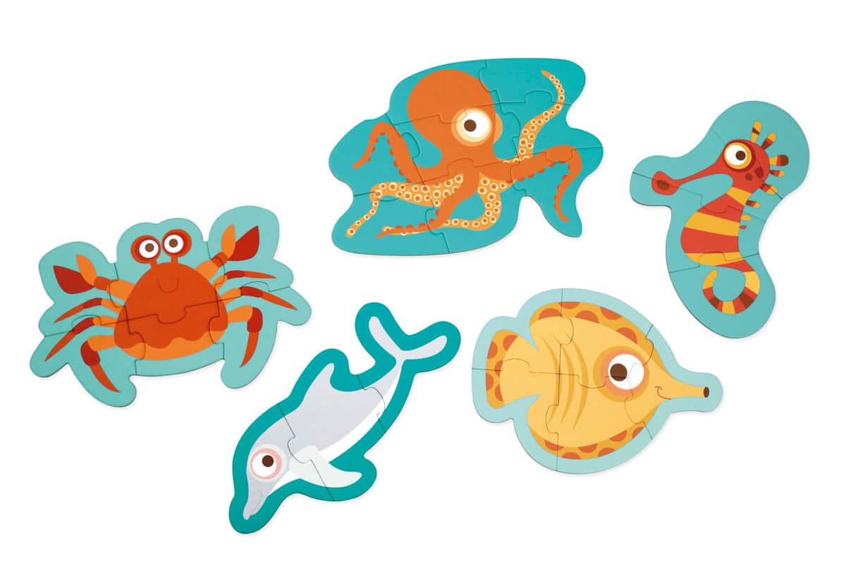 Scratch - Puzzel: BEGINNERSPUZZELS - OCEAAN ca. 15-27cm, met 5 puzzels 3-4-5-6-8 stuks, in karton, in doos diam.18xH12cm, 2+