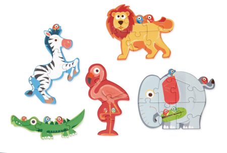 Scratch - Puzzel: BEGINNERSPUZZELS - SAFARI ca. 10-18cm, met 5 puzzels 3-4-5-6-8 stuks, in karton, in doos diam.19xH4cm, 2+