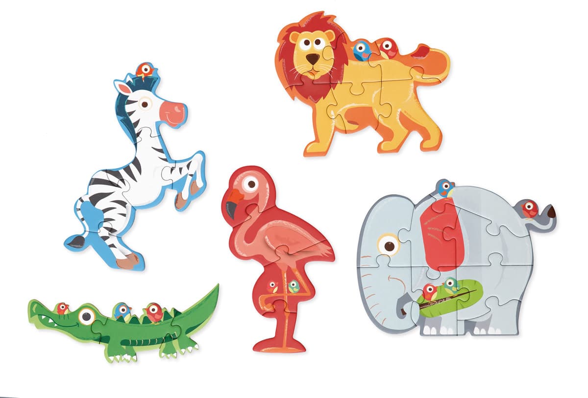 Scratch - Puzzel: BEGINNERSPUZZELS - SAFARI ca. 10-18cm, met 5 puzzels 3-4-5-6-8 stuks, in karton, in doos diam.19xH4cm, 2+