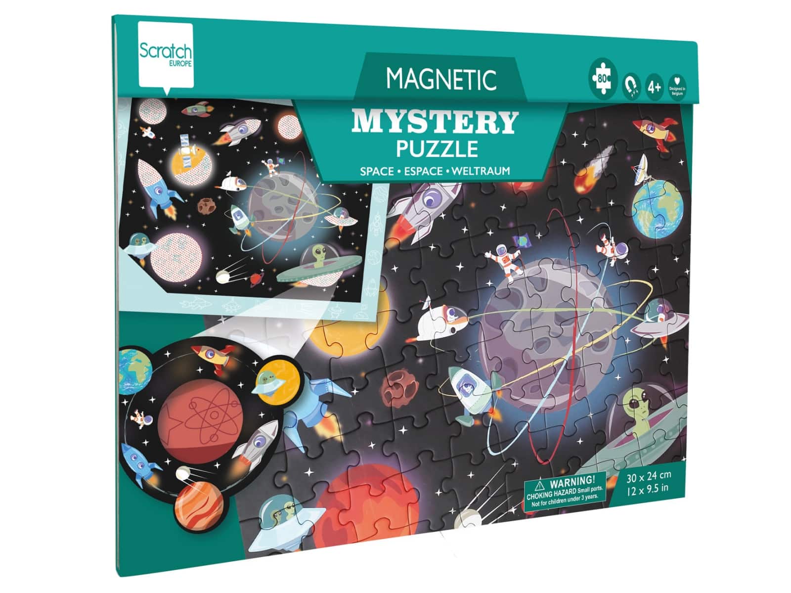 Scratch - Puzzel Magnetisch: MYSTERY - RUIMTE 80pcs, met loep met rode filter 24,5x30,5cm (gesloten), 52,3x30,5cm (open), 2-in-1: puzzel en ontdek, 4+