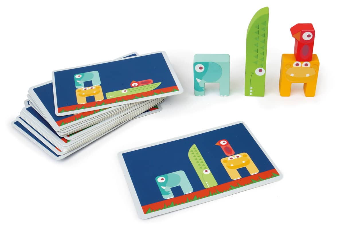 Scratch - Solo Game: BALANCIO, met 4 diertjes in hout, een solo-coördinatiespel met 40 opdrachten en 2 niveaus, in vormendoos 19x18x3,5cm, 4+