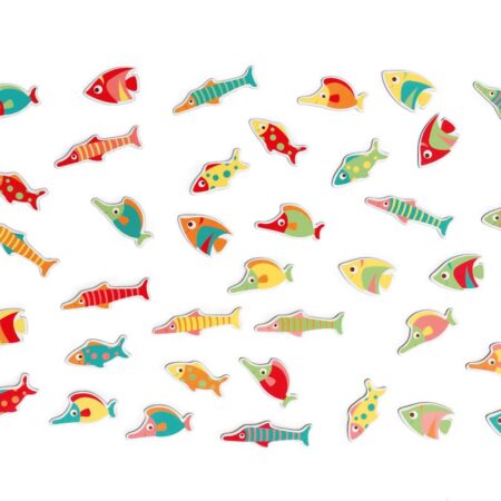 Scratch - Spel: FIND-A-FISH/KLEURENSPEL, met 40 kleurrijke visjes (8x3cm) en 3 houten dobbelstenen, in vormendoos 31x19.3x6.5cm, 3+