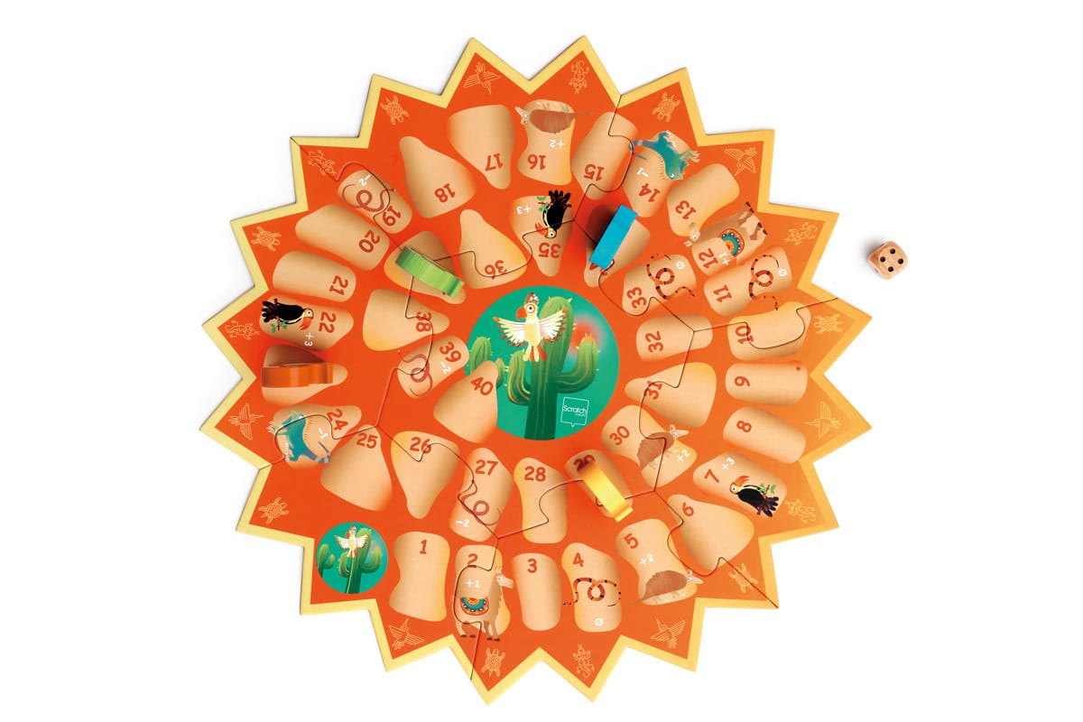 Scratch - Spel: INCA TRAIL / GANZENBORD 35x35cm, met 4 houten pionnen en 1 houten dobbelsteen, in vormendoos 28.6x24.3x6.5cm, 4+