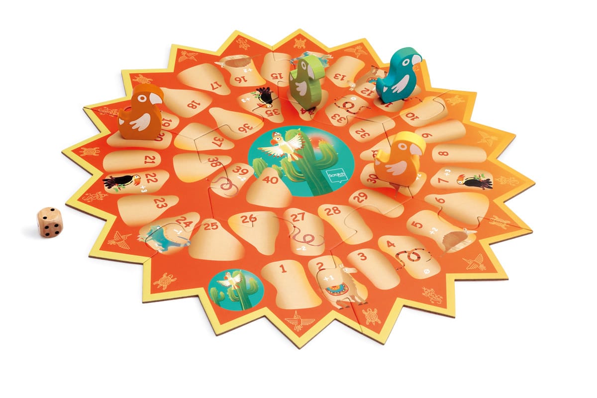 Scratch - Spel: INCA TRAIL / GANZENBORD 35x35cm, met 4 houten pionnen en 1 houten dobbelsteen, in vormendoos 28.6x24.3x6.5cm, 4+