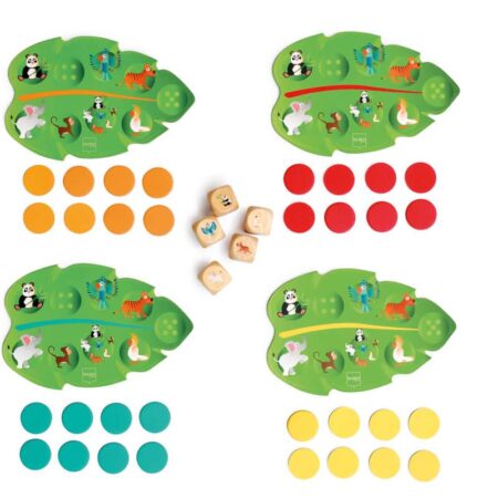 Scratch - Spel: JUNGLE YAM 18.2x12cm, met 4 speelkaarten, 32 afdekkaartjes en 5 houten dobbelstenen, in vormendoos 26.5x24.2x6.5cm, 4+