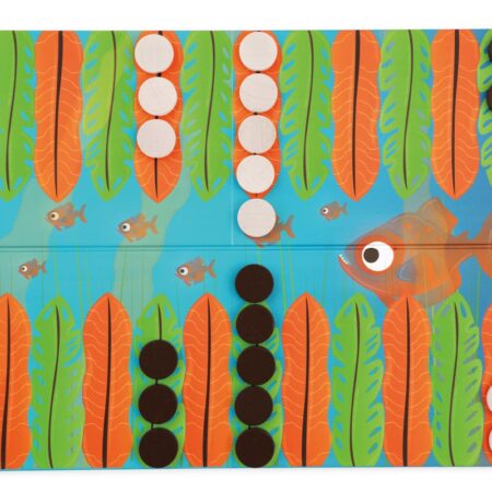 Scratch - Spel: PIRANHA RACE / JUNIOR BACKGAMMON 38x28cm, met 2x15 houten pionnen en 2 houten dobbelstenen, in vormendoos 29.5x21.5x6.5cm, 7+