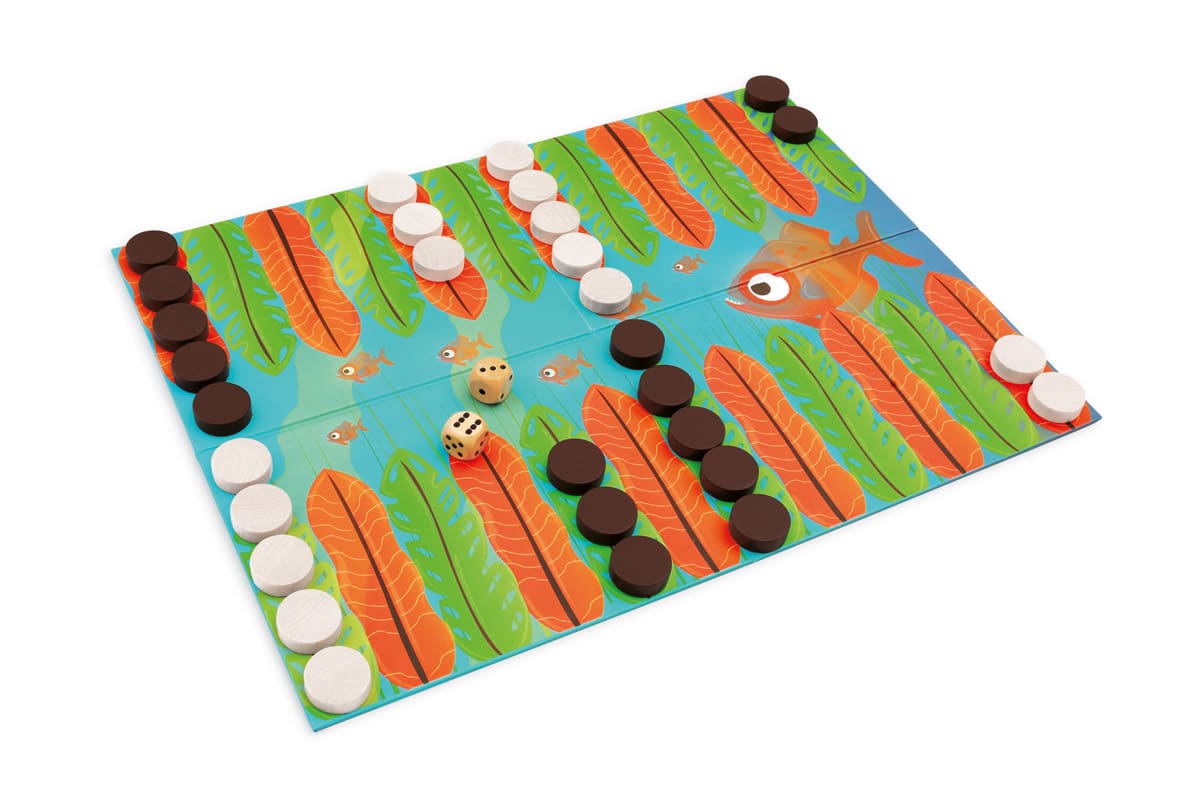 Scratch - Spel: PIRANHA RACE / JUNIOR BACKGAMMON 38x28cm, met 2x15 houten pionnen en 2 houten dobbelstenen, in vormendoos 29.5x21.5x6.5cm, 7+