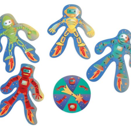 Scratch - Spel: ROBOBUILDER / PUZZELSPEL 21.7x19.3cm, met 4 verschillende puzzles (6 stuks elks) en een draaischijf diam.14.3cm, in vormendoos 16.6x29.6x6.5cm, 3+