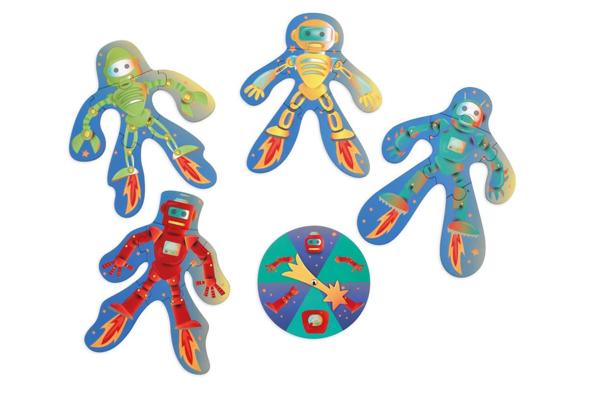 Scratch - Spel: ROBOBUILDER / PUZZELSPEL 21.7x19.3cm, met 4 verschillende puzzles (6 stuks elks) en een draaischijf diam.14.3cm, in vormendoos 16.6x29.6x6.5cm, 3+