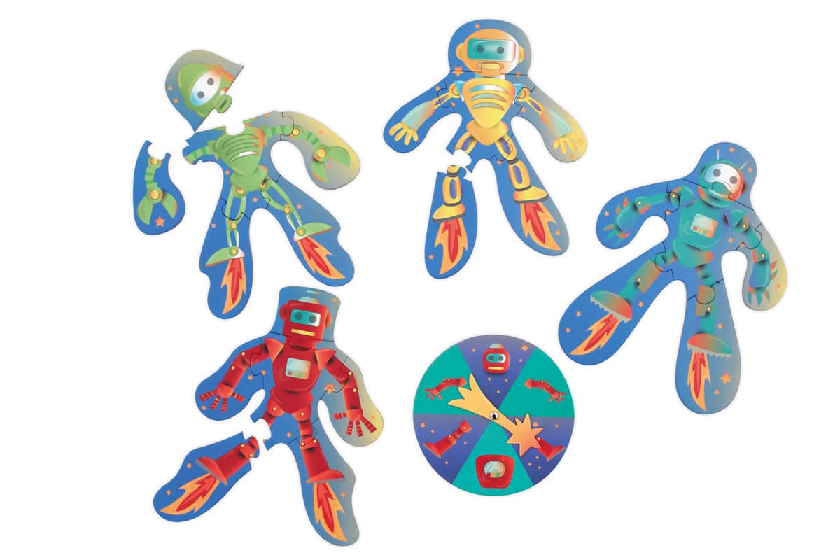 Scratch - Spel: ROBOBUILDER / PUZZELSPEL 21.7x19.3cm, met 4 verschillende puzzles (6 stuks elks) en een draaischijf diam.14.3cm, in vormendoos 16.6x29.6x6.5cm, 3+
