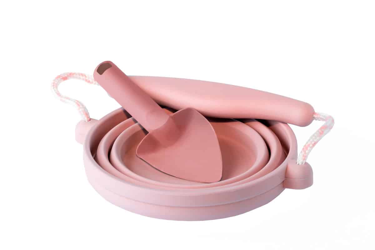 Scrunch - PLOOIBAAR EMMERTJE met SCHOPJE oud roze 14x12,5x3cm, handvaten met touw, opvouwbaar, 100% siliconen, recycleerbaar, 12m+