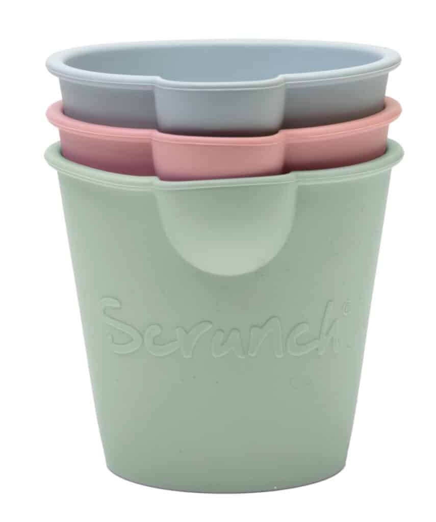 Scrunch - SET van 3 GIETEMMERTJES oud roze, eendeneiblauw, saliegroen 10x9x10cm, opvouwbaar, 100% siliconen, recycleerbaar, 12m+