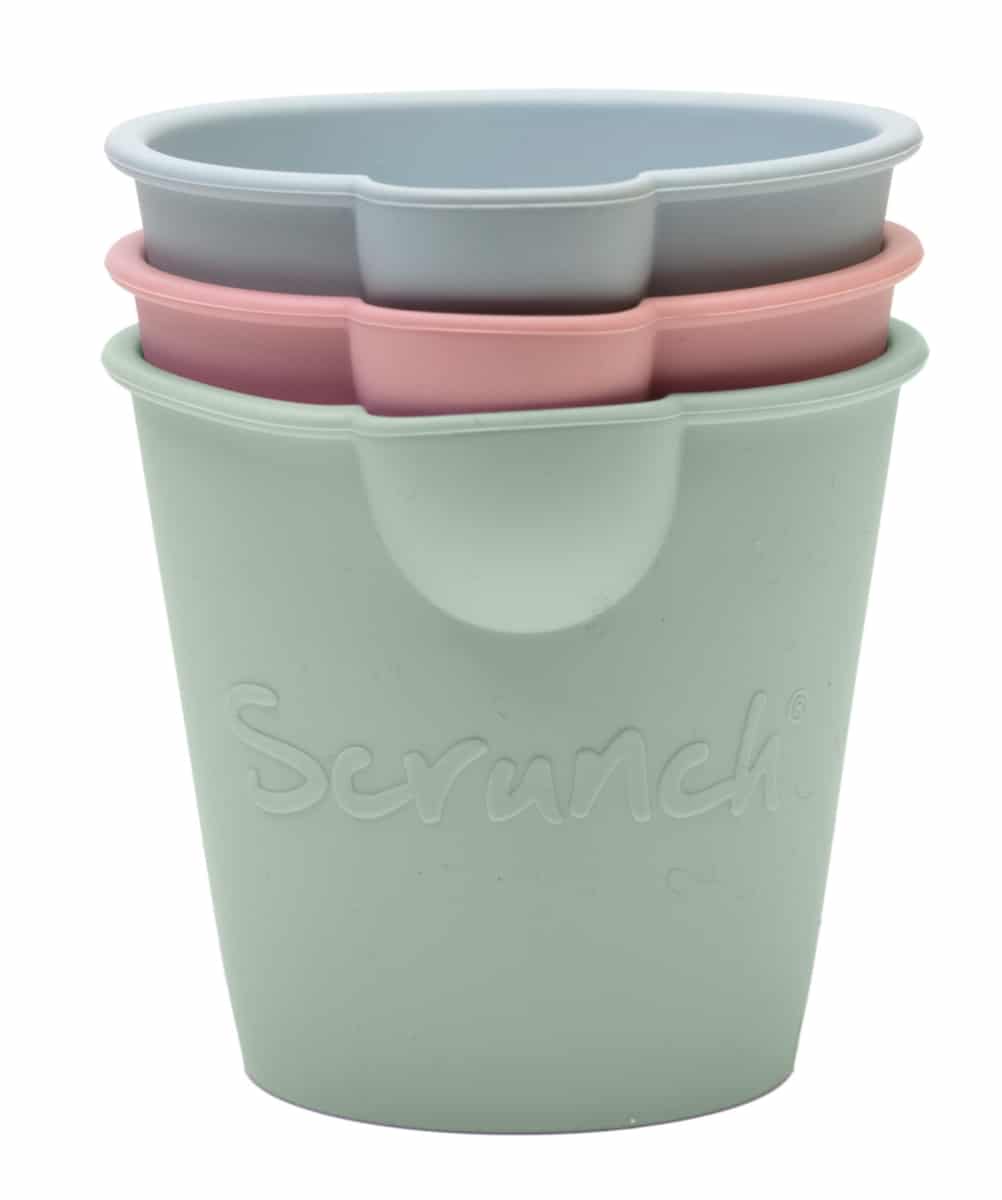 Scrunch - SET van 3 GIETEMMERTJES oud roze, eendeneiblauw, saliegroen 10x9x10cm, opvouwbaar, 100% siliconen, recycleerbaar, 12m+